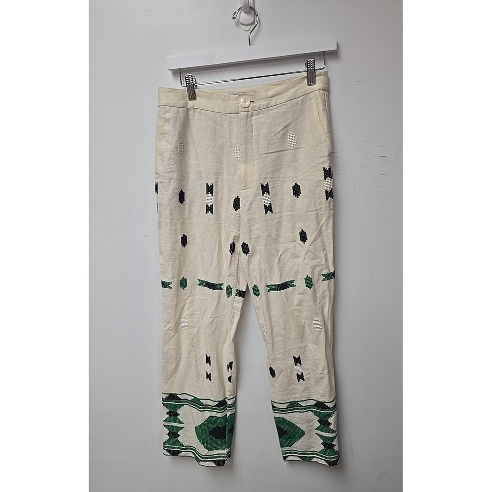 Zara Beige Embroidered Linen Blend High Waisted Trouser Pants Womans Sz Medium
